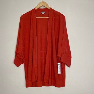 Chicos Cardigan Sweater Sz 2 L / 12 Open Front Orange Spice Faux Pleat NWT *Flaw